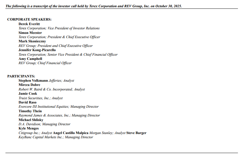 A transcript header page for the investor call held by Terex Corporation and REV Group on October 30, 2025. The page lists corporate speakers and participants. 