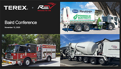 A presentation slide with the Terex and REV logos and the title Baird Conference dated November 12, 2025.